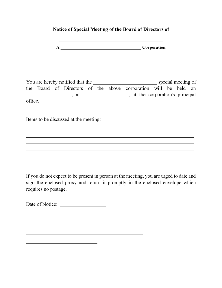 Notice of Meeting of Board of Directors Notice of Special Meeting of Board of Directors