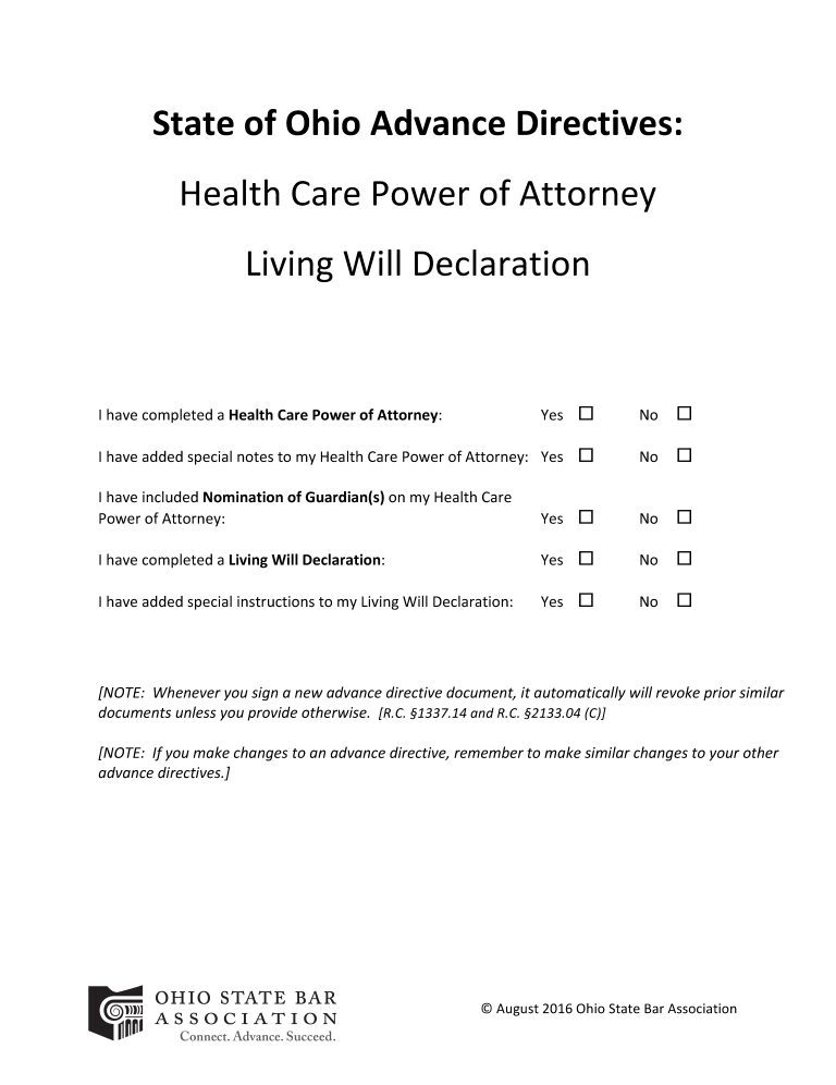 Ohio Advance Directive For Health Care Ohio Advance Directive For Health Care Form