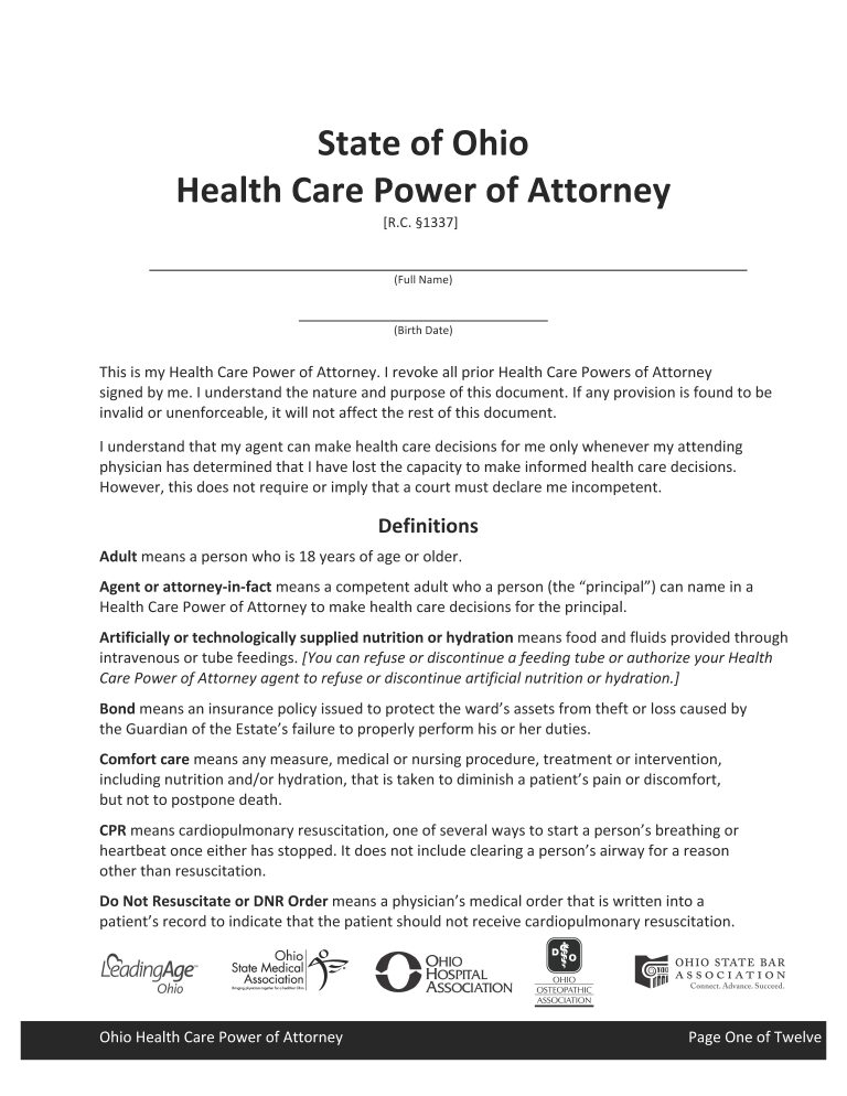 Ohio Health Care Power of Attorney Form Ohio Health Care Power of Attorney Form