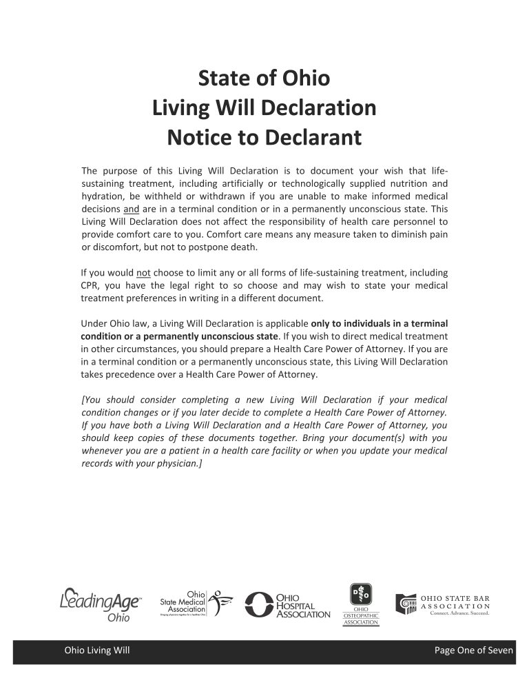 Ohio Living Will Form Ohio Living Will Form