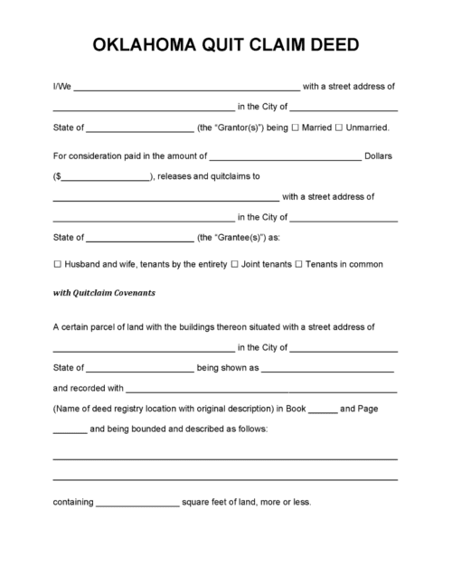 Oklahoma Quit Claim Deed Free Printable Legal Forms