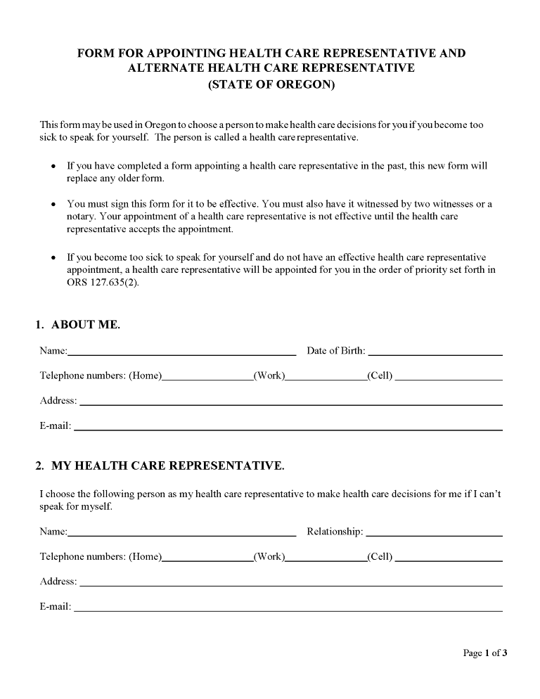 Oregon Health Care Power of Attorney Form Oregon Health Care Power of Attorney Form