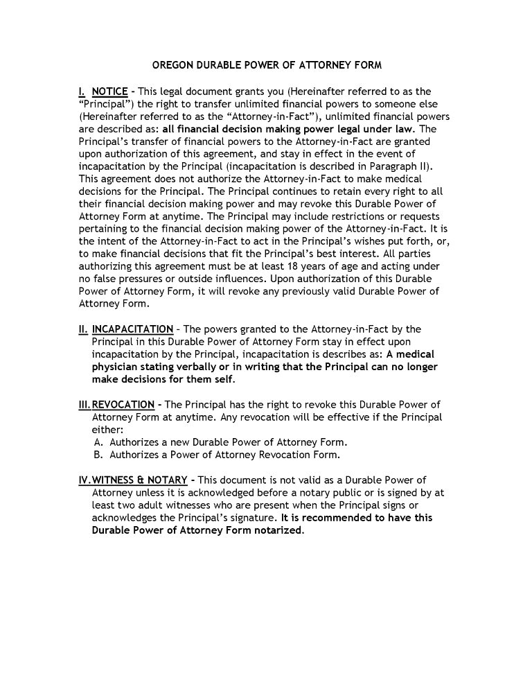 Oregon Power of Attorney Forms Oregon Power of Attorney Forms