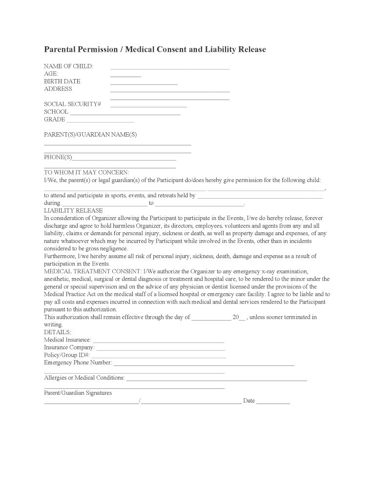 Parental Consent Medical Release Form Parental Consent Medical Release Form