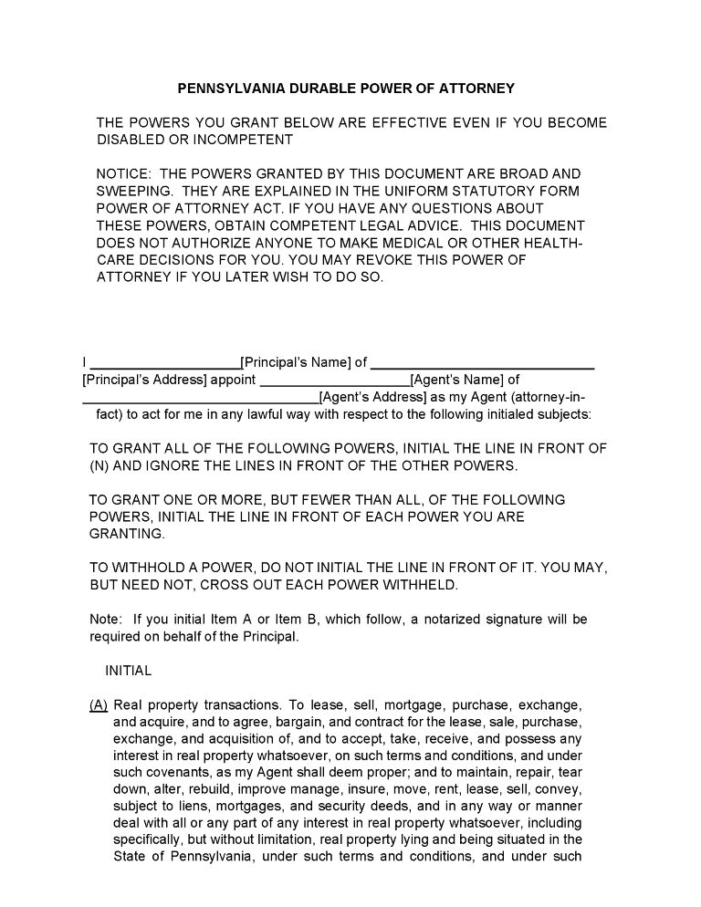 Pennsylvania Power of Attorney Form Free Printable PDF Download Free