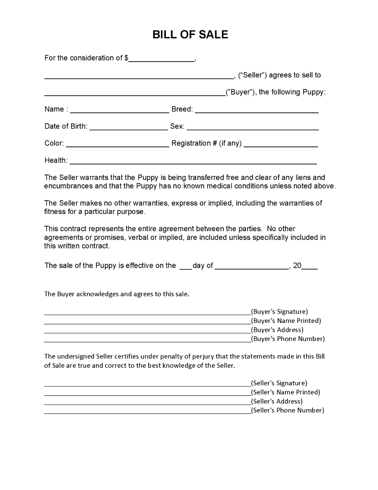Puppy Bill of Sale Form Puppy Bill of Sale Form
