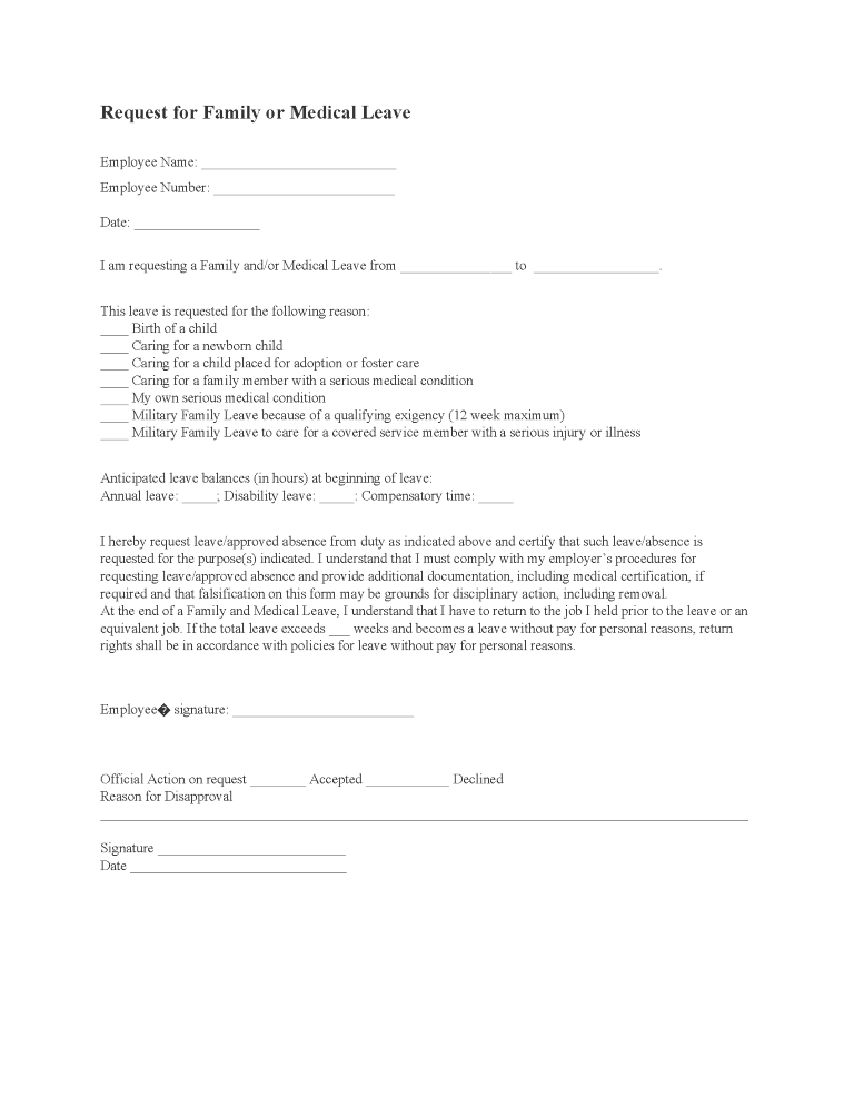 Request For Family or Medical Leave Form Request For Family or Medical Leave Form