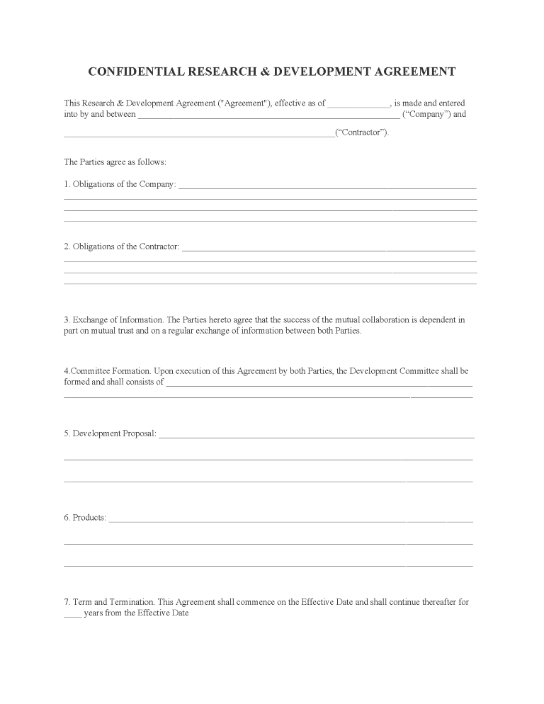 Research & Development Agreement Research and Development Agreement Form