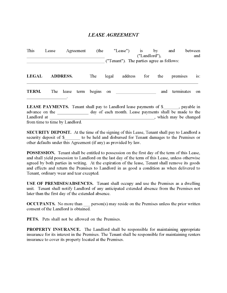 Residential Lease Agreement - No Pets Residential Lease Agreement No Pets