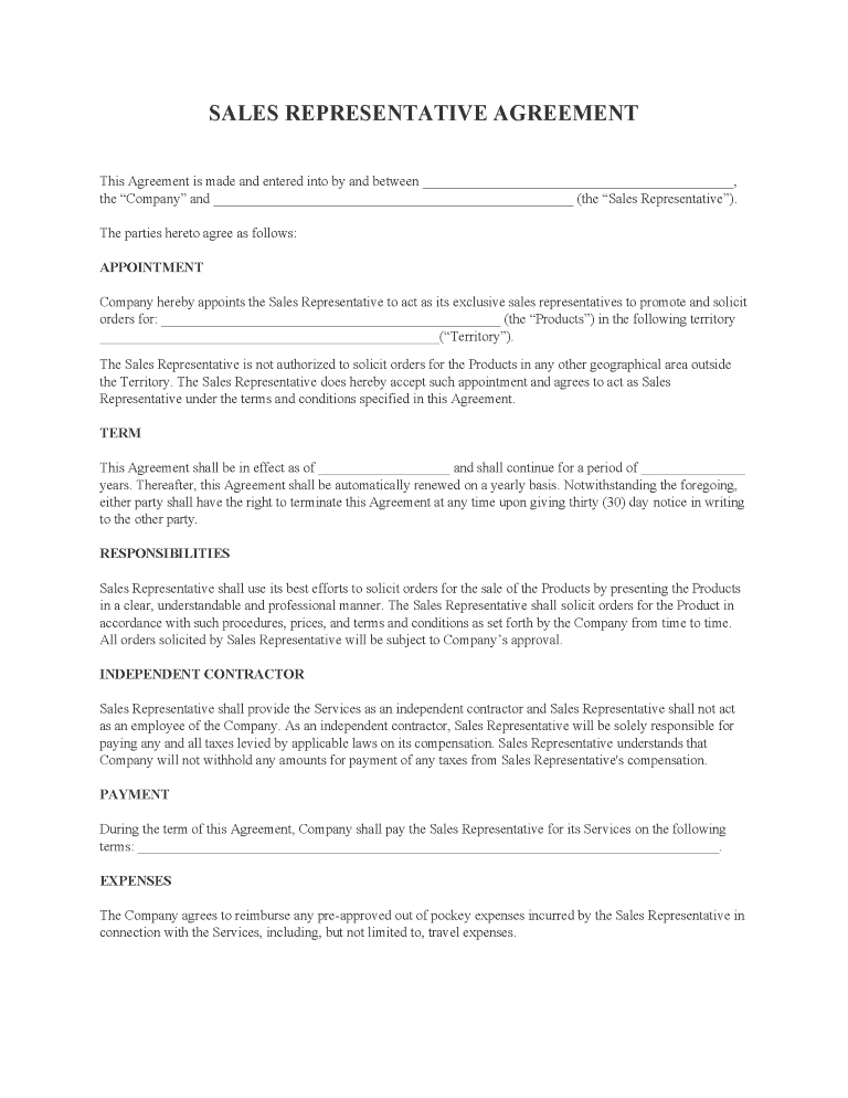 Sales Representative Agreement Sales Representative Agreement Form