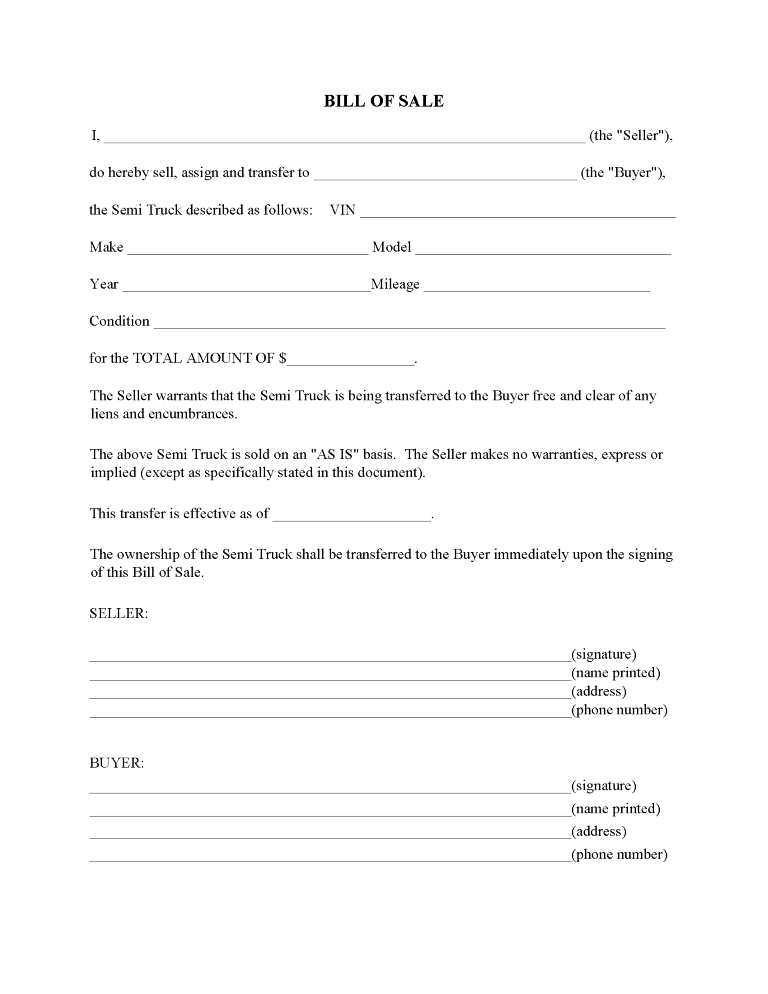 Semi Truck Bill of Sale Form Semi Truck Bill of Sale Form