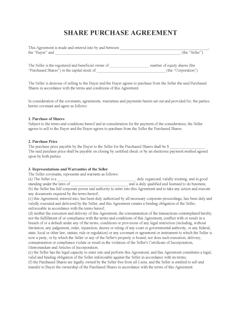 Share Purchase Agreement Share Purchase Agreement Form