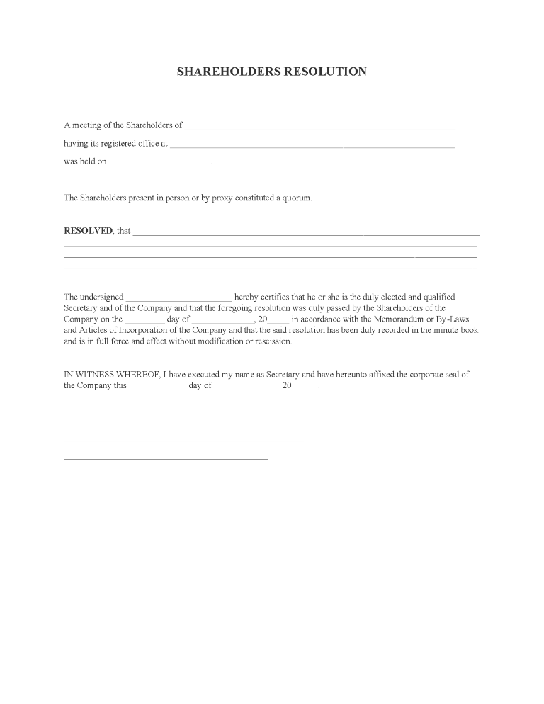 Shareholders Resolution Shareholders Resolution Form