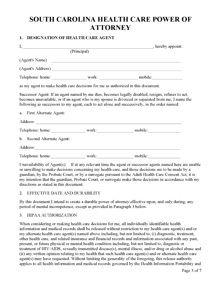 South Carolina Health Care Power of Attorney Form South Carolina Health Care Power of Attorney Form