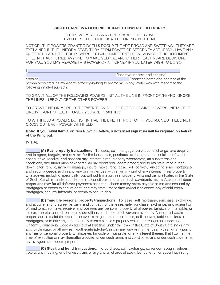 South Carolina Power of Attorney Forms South Carolina Power of Attorney Forms