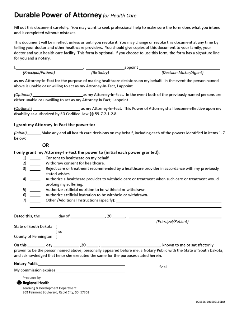 South Dakota Health Care Power of Attorney Form South Dakota Health Care Power of Attorney Form
