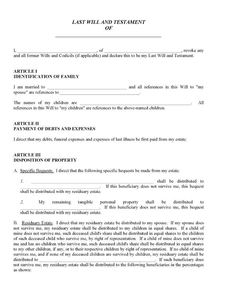 Standard Will Form Standard Will Form