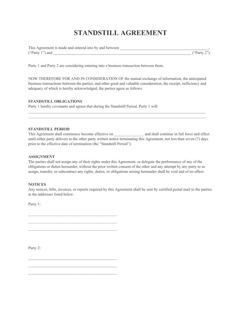 Standstill Agreement Standstill Agreement Form