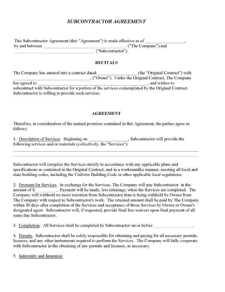 Subcontractor Agreement Form