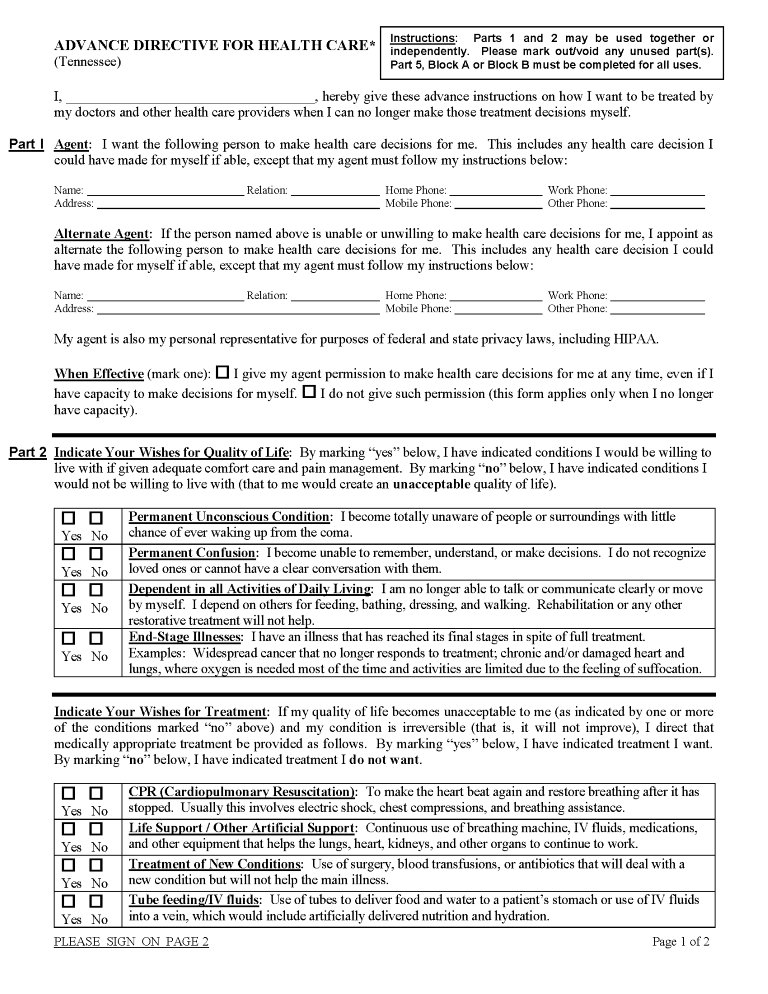 Tennessee Advance Directive For Health Care Tennessee Advance Directive For Health Care Form