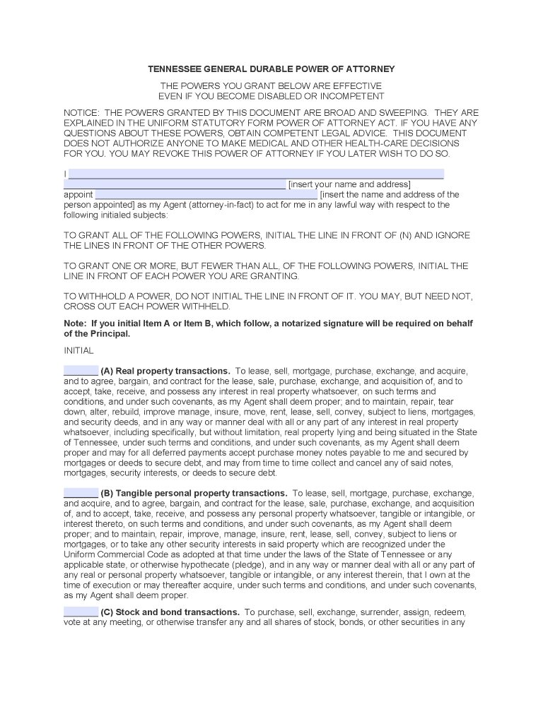 Tennessee Power of Attorney Forms Tennessee Power of Attorney Forms