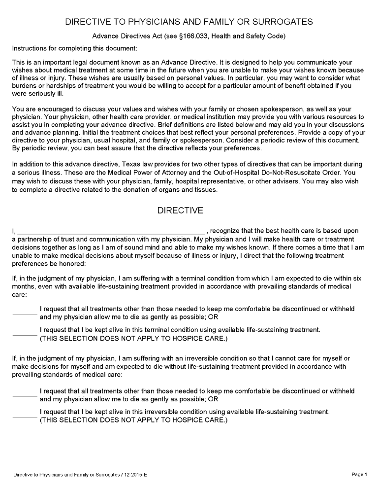 Texas Advance Directive For Health Care Texas Advance Directive For Health Care Form