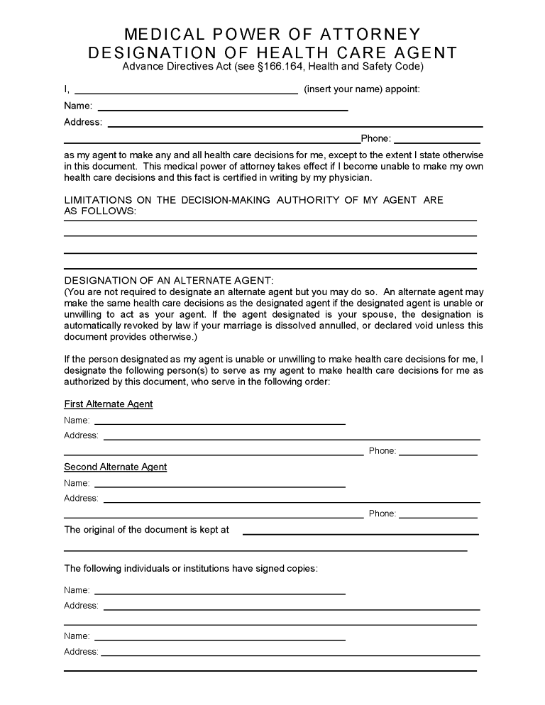 Texas Health Care Power of Attorney Form Texas Health Care Power of Attorney Form