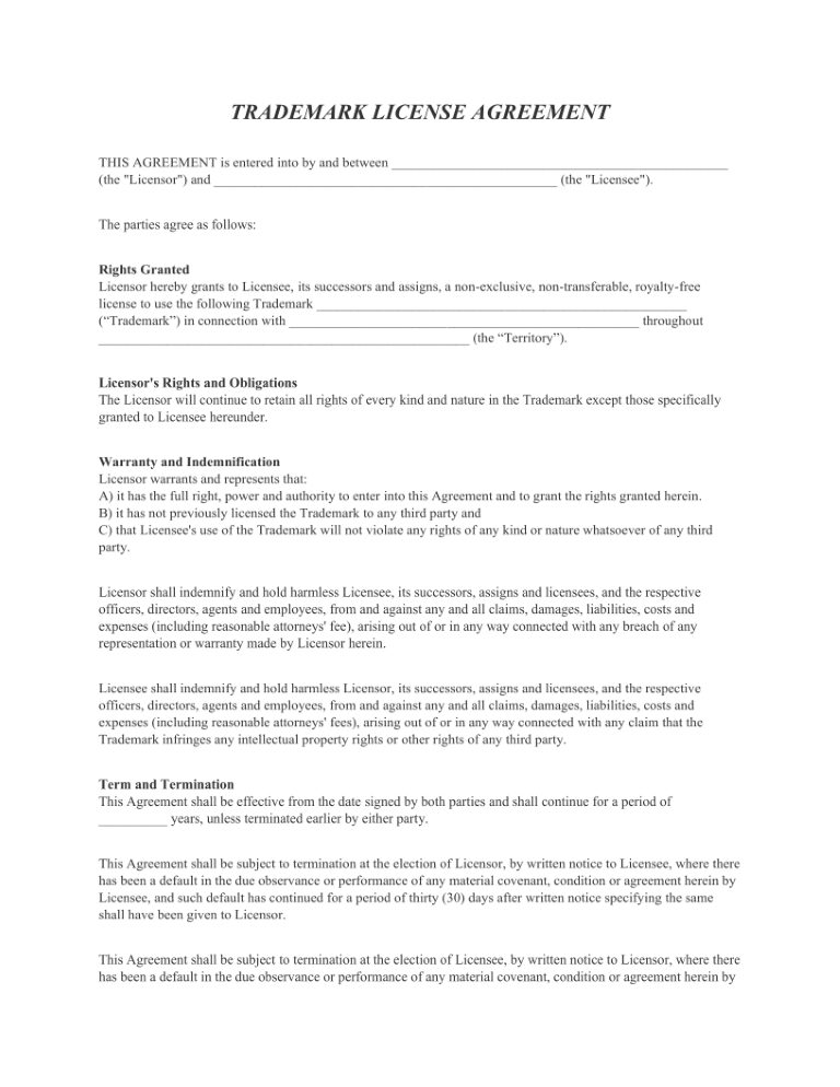Trademark License Agreement Trademark License Agreement Form