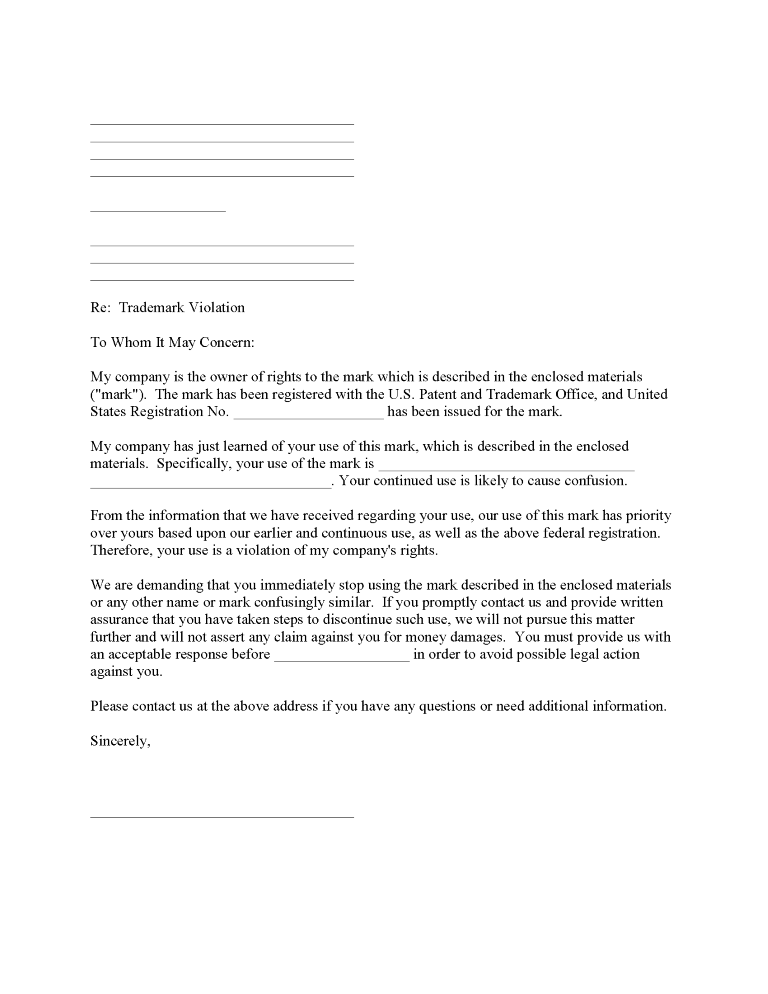 Trademark Violation Notice Form Trademark Violation Notice Form