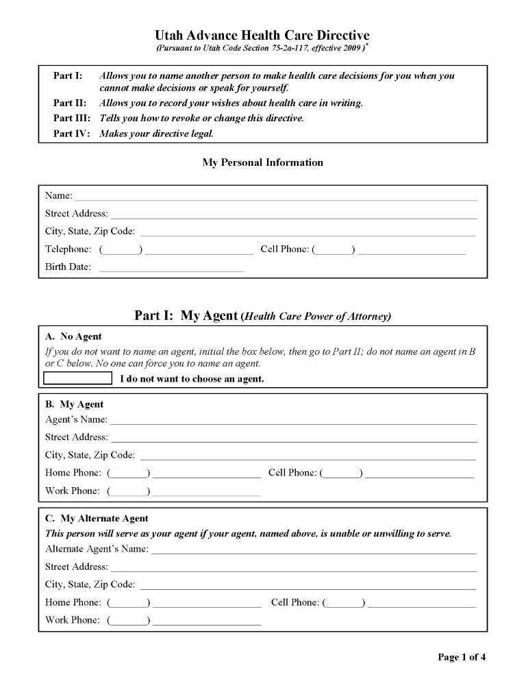 Utah Advance Directive For Health Care Utah Advance Directive For Health Care Form