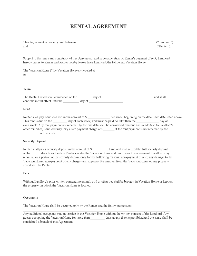 Vacation Home Rental Agreement Vacation Home Rental Agreement