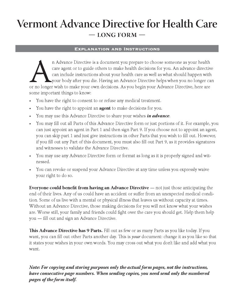 Vermont Advance Directive For Health Care Vermont Advance Directive For Health Care Long Form
