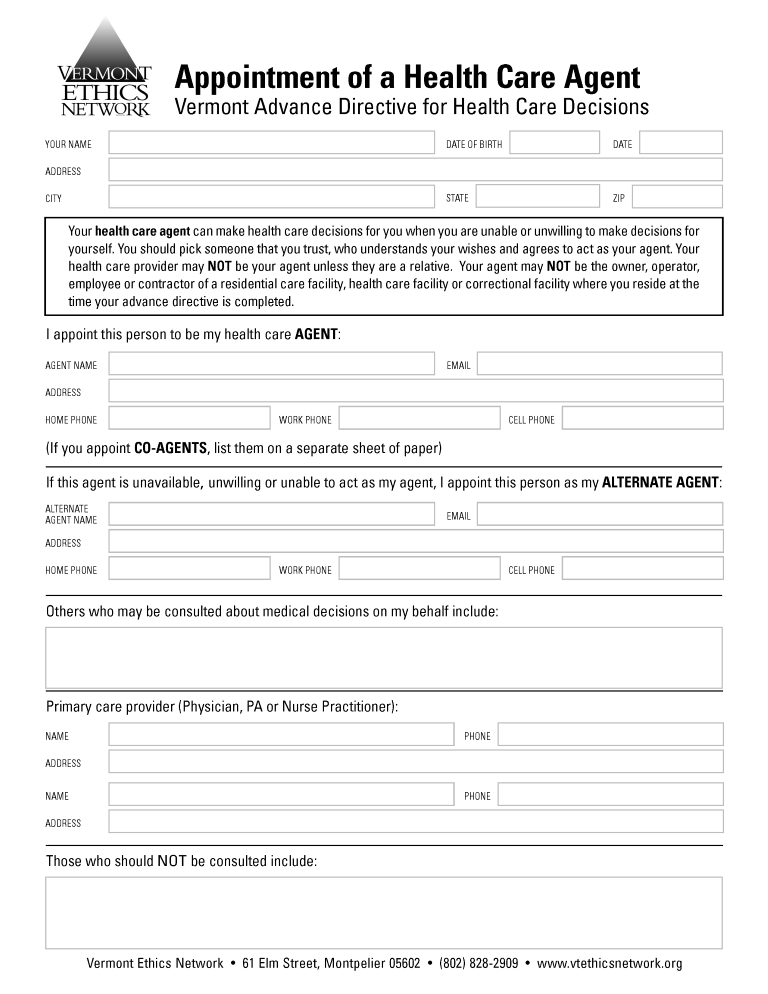 Vermont Health Care Power of Attorney Form Vermont Health Care Power of Attorney Form