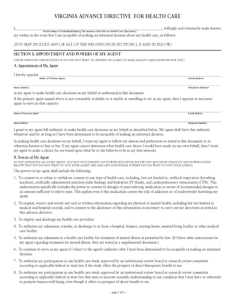 Virginia Advance Directive For Health Care Virginia Advance Directive For Health Care Form