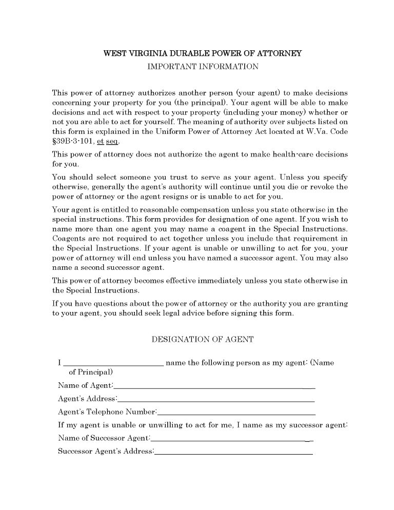 West Virginia Power of Attorney Forms West Virginia Power of Attorney Forms