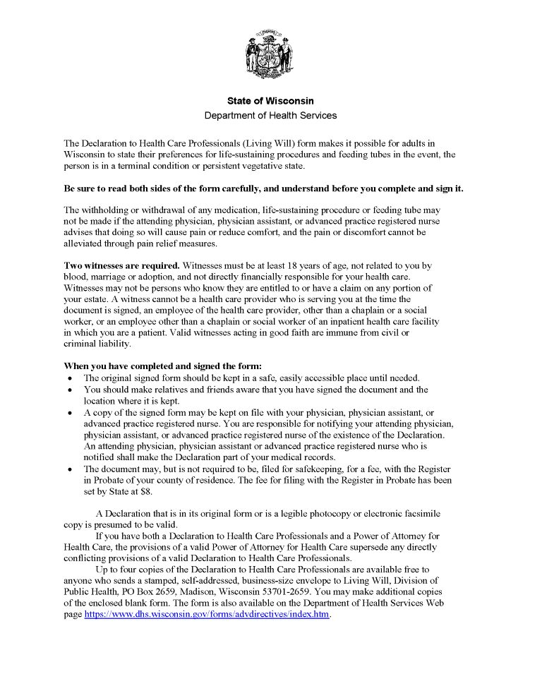 Wisconsin Advance Directive For Health Care Wisconsin Advance Directive For Health Care Form
