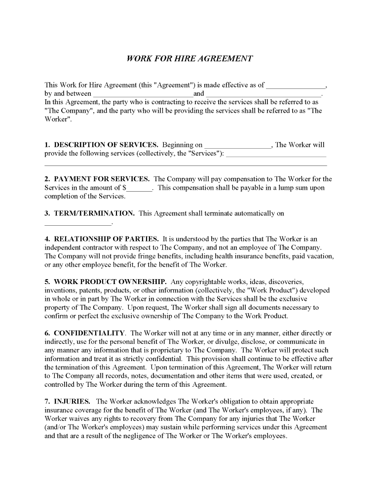 Work For Hire Agreement Form Work for Hire Agreement Form