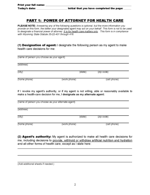 Wyoming Health Care Power of Attorney Form PDF