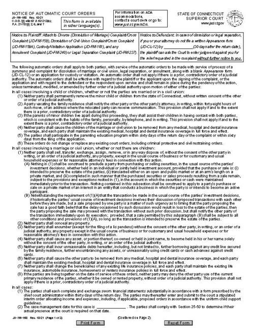 Connecticut Notice of Automatic Court Orders