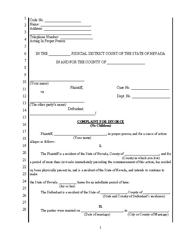 Free Printable Divorce Papers Nevada