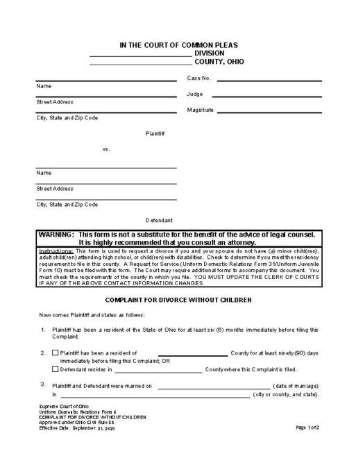Free Printable Divorce Papers Ohio