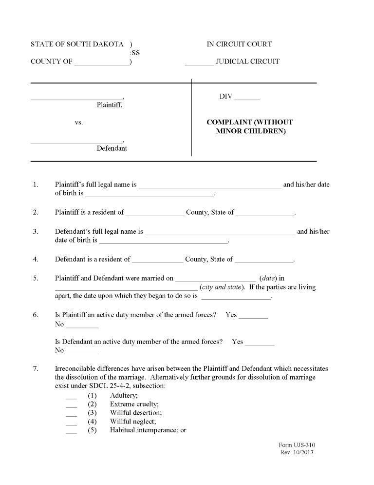 free south dakota divorce forms pdf word free printable legal forms
