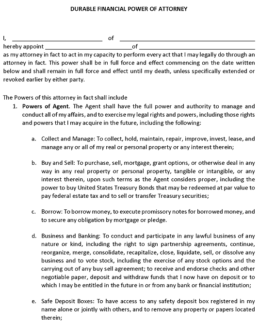 Durable Financial Power of Attorney Form