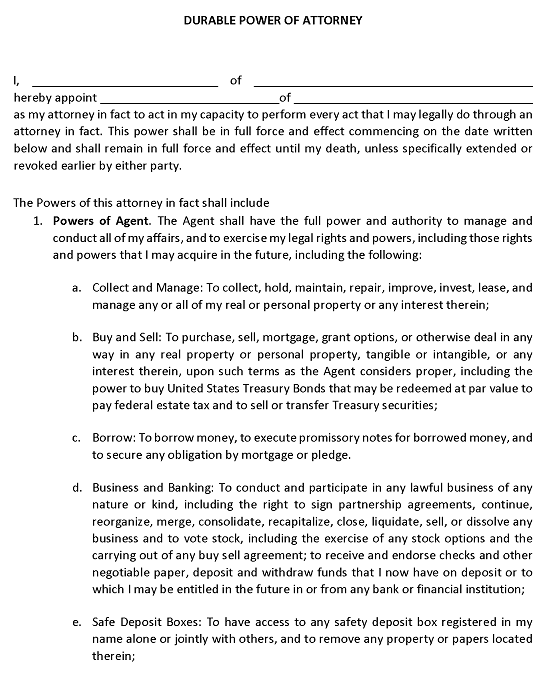 Free Blank Durable Power of Attorney Form