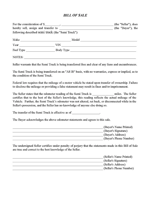 Idaho Semi Truck Bill of Sale PDF