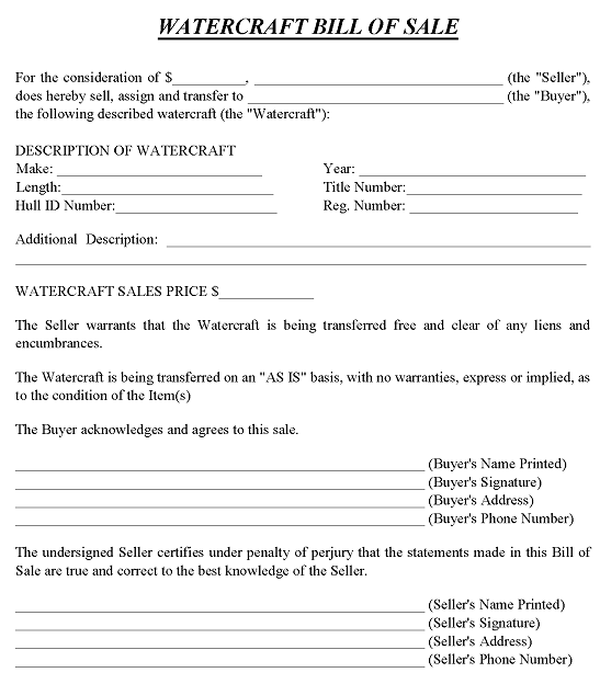 Indiana Watercraft Bill of Sale PDF