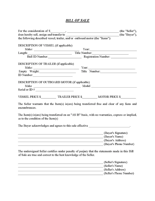 Iowa Boat Trailer Bill of Sale Free Printable Legal Forms