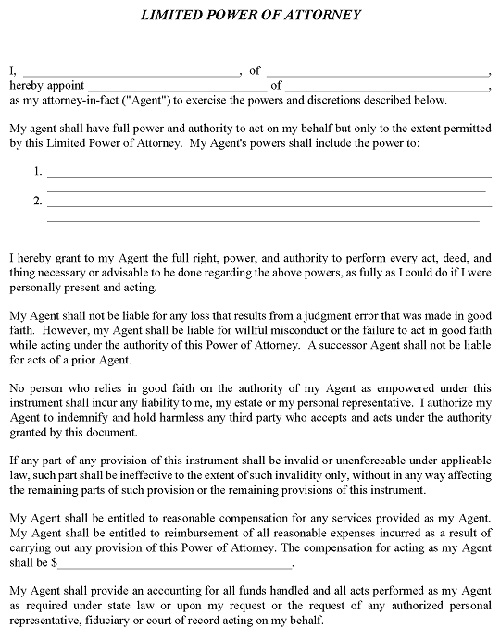 Limited Power of Attorney Form