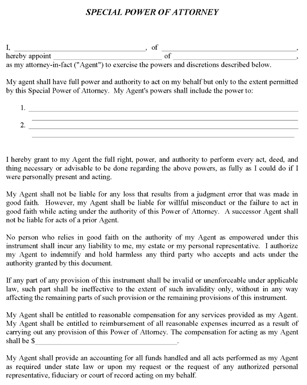 Special Power of Attorney Form