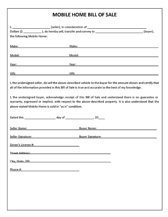 Texas Mobile Home Bill of Sale PDF